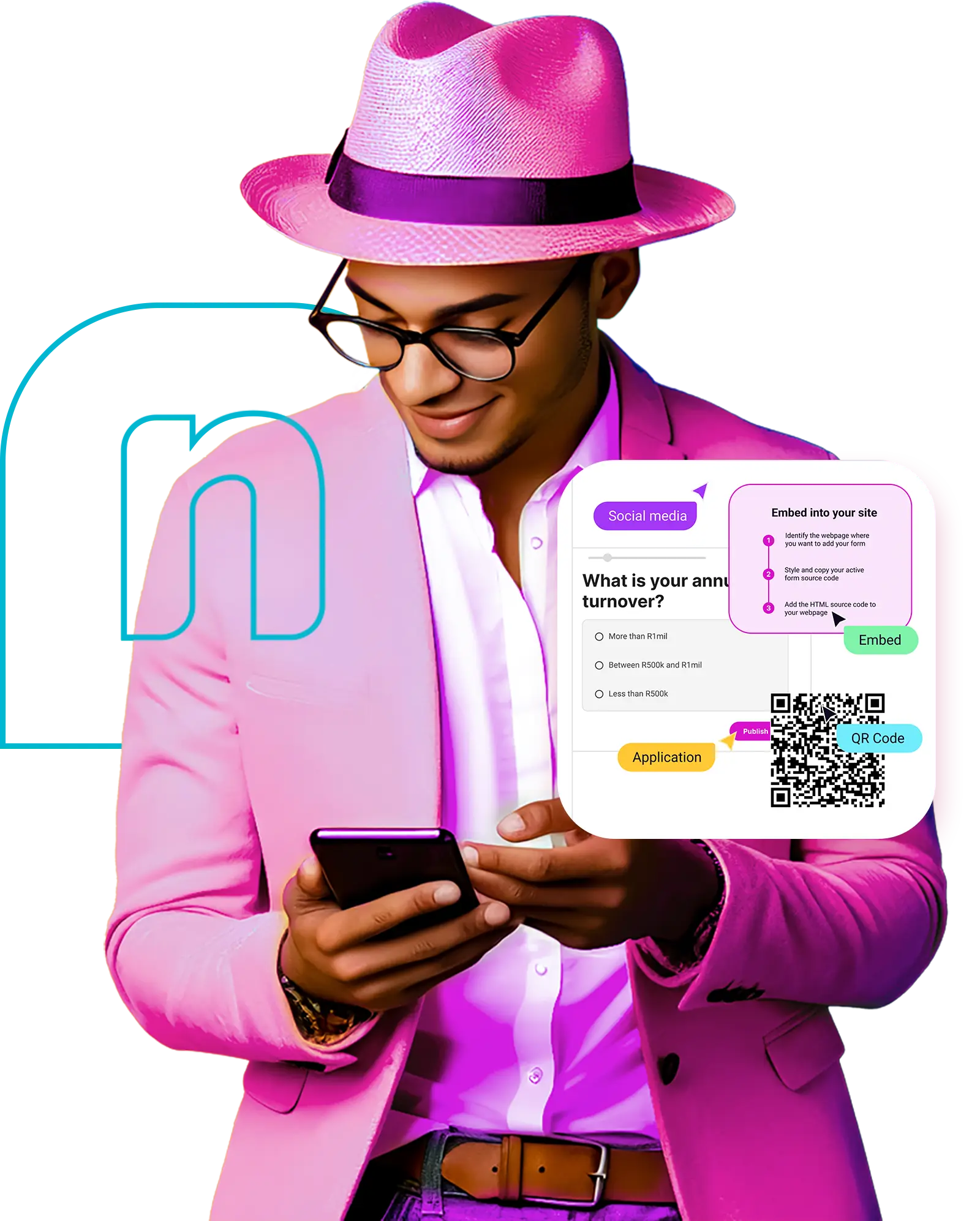 Confident man in a hat smiling while browsing on his mobile phone, representing the ease of collecting leads through multiple channels, smart application forms, and building a ranked leads database.