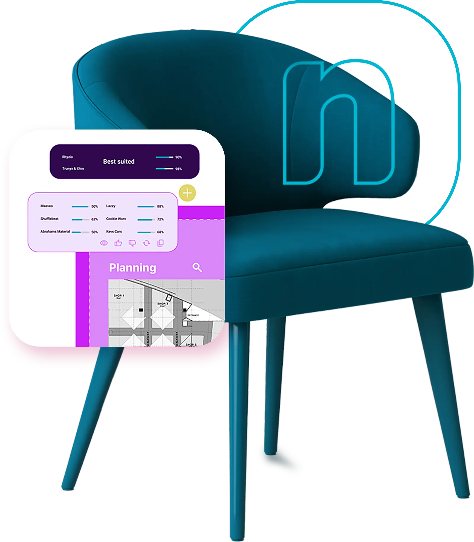 Screenshot of a blue chair interface showcasing interactive space planning and lease management, enabling visual occupancy planning, tenant mix organization, and matching tenants to spaces.